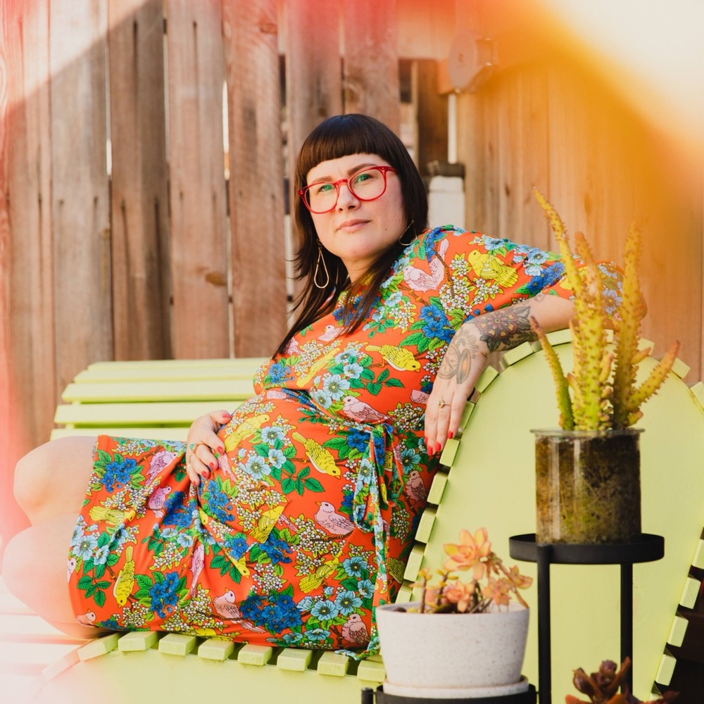 3/4 Sleeve Dress with Bird Pattern